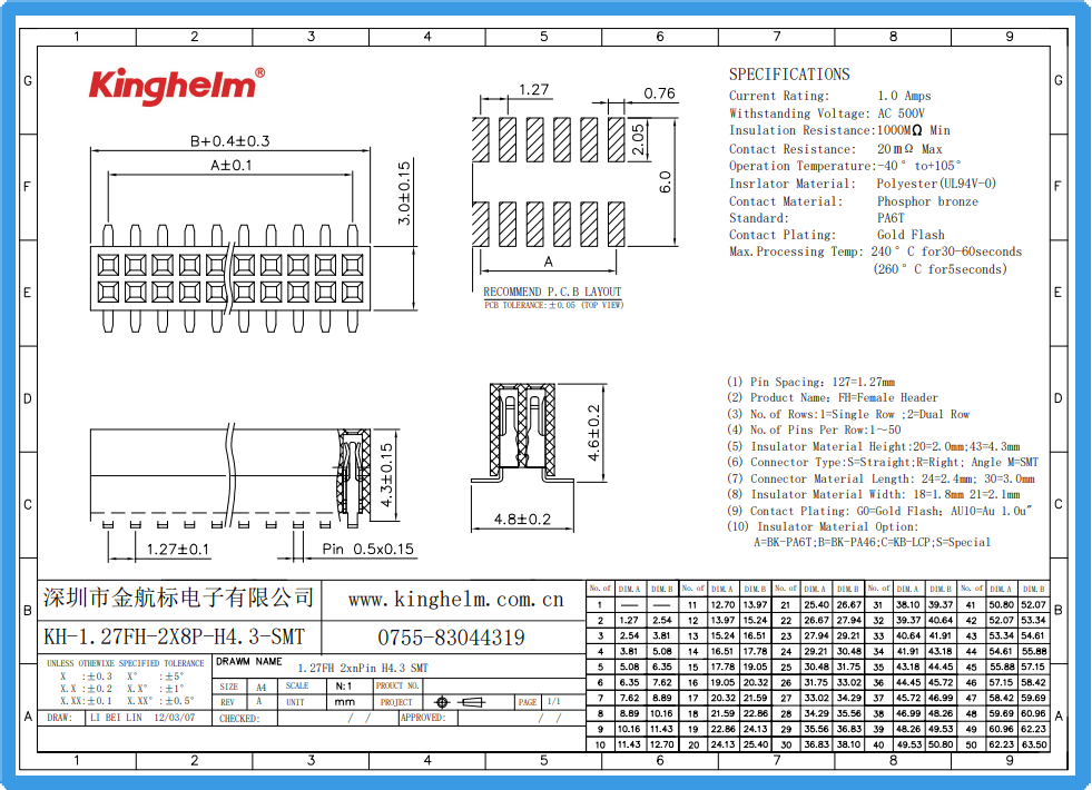 KH-1.27FH-2X8P-H4.3-SMT-8.25-2